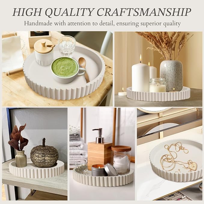 13" Round Concrete Decorative Centerpiece Tray for Coffee Table Grey | Modern minimalist centerpiece tray for coffee table, living room, dining & office storage display, sturdy tabletop home decor