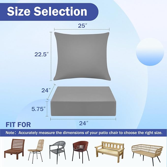 Outdoor Chair Cushions, 24 x 24 Inch Outdoor Cushion for Patio Furniture, Patio Chair Cushion, Waterproof & Fade Resistant Deep Patio Furniture Cushions Set with Handle and Ties, Grey (Set of 4)