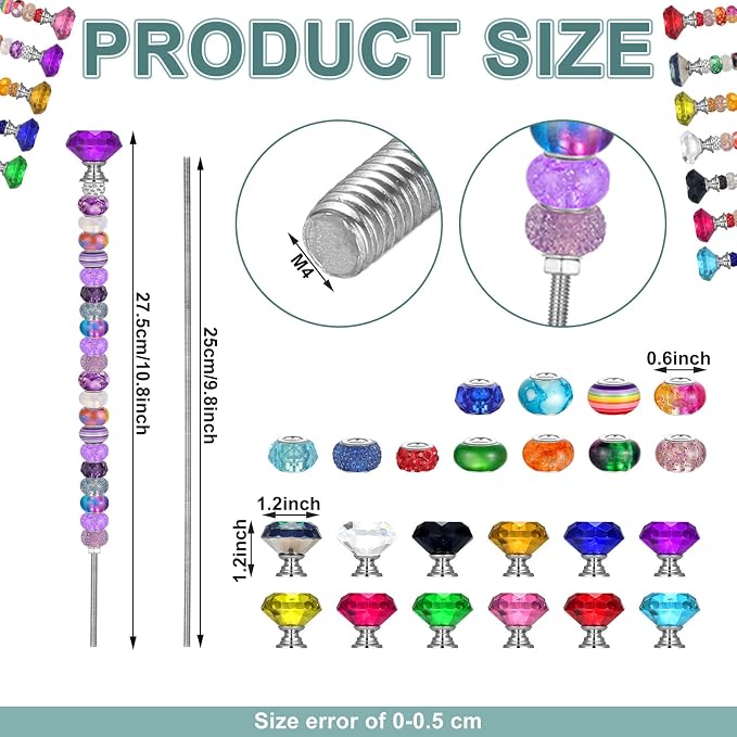 Tigeen 236 Pcs Garden Stake DIY Fairy Wand Plant Stake with 12 Colorful Crystal Stopper Top 12 Threaded Rod with 200 Large Hole Bead for Spring Summer Holiday Outdoor Decorations(Classic)