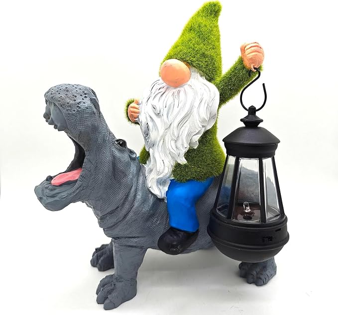 11.8" Gnome Riding Hippo Solar Statue Gnome Solar Statues with Solar Lantern Hippo Garden Decor Patio Balcony Yard Lawn Unique House Warming Gift