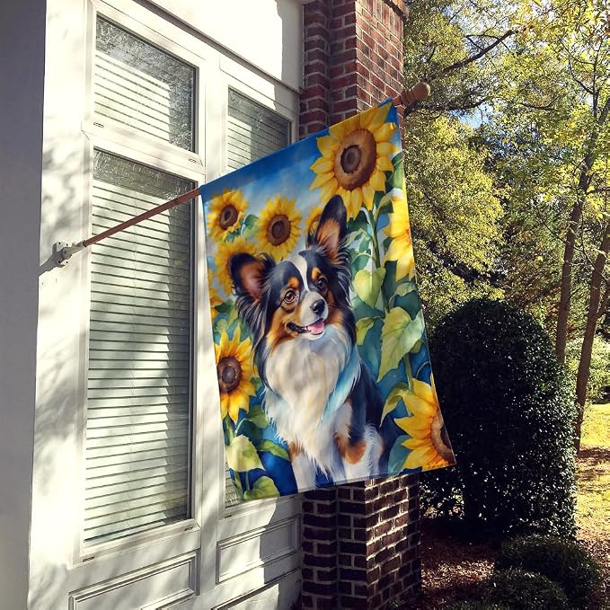 Caroline's Treasures DAC6131CHF Papillon in Sunflowers House Flag Large Porch Sleeve Pole Decorative Outside Yard Banner Artwork Wall Hanging, Polyester, House Size, Multicolor