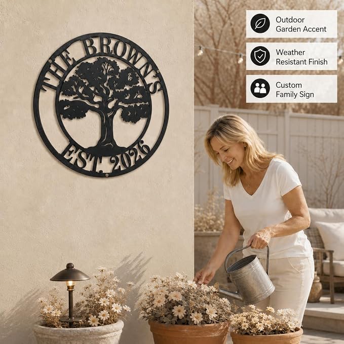 Personalized Tree of Life Metal Sign, Oak Tree Family Monogram Wall Decor, Custom Split Letter Name Plaque for Front Porch Garden Patio, Last Name Sign, Dad Gift