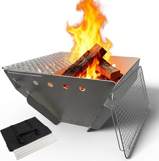 Stainless Steel Fire Pit for Camping, Collapsible Fire Pit for Outdoor Use, 2-4 Person Portable Firepit, Tool-Free Assembly, Patio, Bonfire, Picnic and BBQ with Grill Net & Canvas Storage Bag