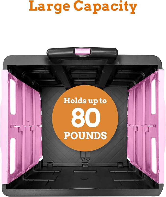 Inspired Living Ultra-Slim Rolling Collapsible Storage Pack-N-Roll Utility-carts, with Telescopic Handle, for Home, Garden, Shopping, Office, School use, Large, Pink & Black