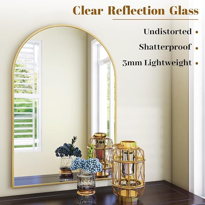 Arched Wall Mirror, 26 x 41 inch Arch Bathroom Mirror, Wall Mounted Vanity Mirror with Arch Metal Frame, Modern Bathroom Vanity Mirror for Bedroom, Living Room, Hanging or Leaning, Gold