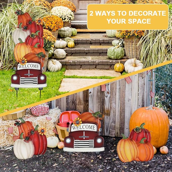 YEAHOME Fall Decorations Outdoor,Multiple Stacked Pumpkin Truck Decorative Garden Stakes for Fall Decor, Autumn Metal Yard Signs for Home Outside Garden Lawn Porch, Thanksgiving Decorations Outdoor