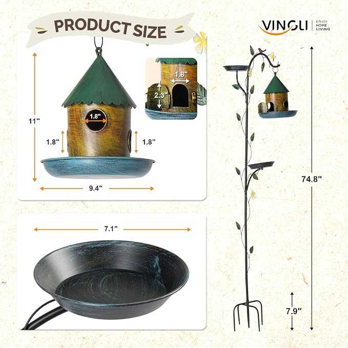 VINGLI 74.8" H Metal Bird Bath with Bird House, Outdoor Bird Bath with Stakes, 3-in-1 Bird Feeder for Patio, Garden, Yard, Lawn (Hanging Bird House)