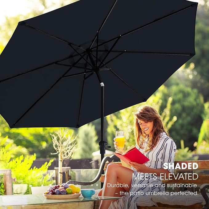 wikiwiki 9FT Patio Umbrella with Base, Outdoor Umbrellas with Base Included, 8 Sturdy Ribs, Waterproof Fade Resistant POLYESTER DTY Canopy for Deck, Lawn, Garden, Backyard & Pool, Navy