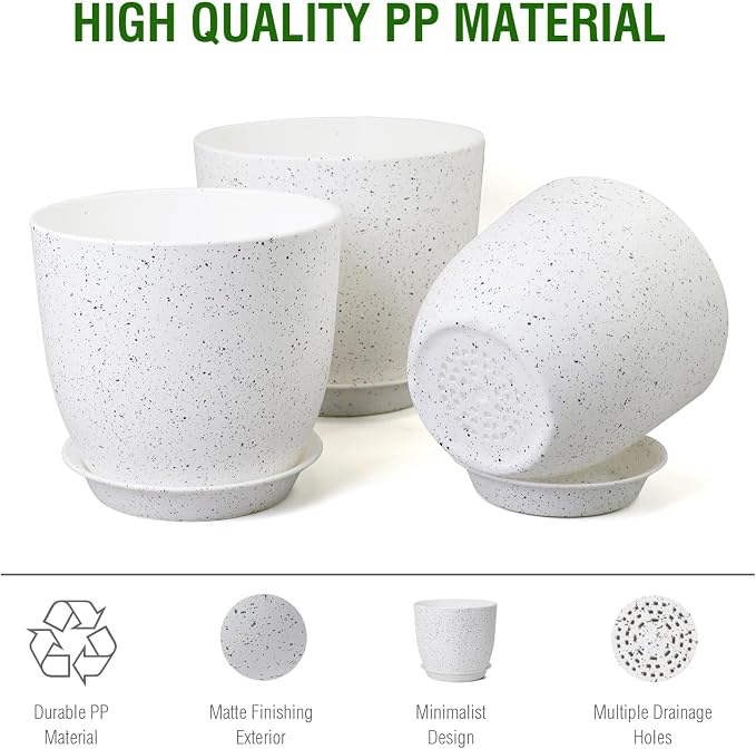 WSMKSZ 10/9/8 inch Medium Plant Pots, Set of 3 Modern Decorative Plastic Planters with Drainage Holes and Saucers for Garden House Plants, Flower Pots for Indoor Outdoor Plants, Speckled White
