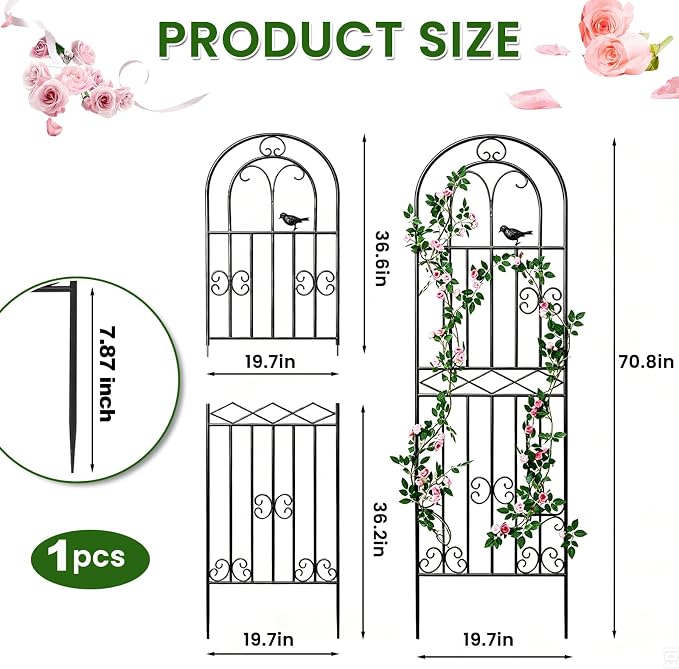 1 Pack 70.8"x19.7" Metal Gardon Trellis for Climbing Plants Flowers Outdoor, Rustproof, Heavy Duty, Black Coating Plant Support for Rose, Vines, Flowers, Perfect for Training Climbing Plants, Black