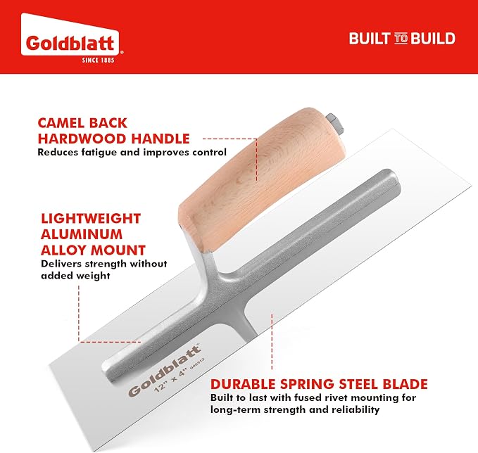 GOLDBLATT 12" x 4" Finishing Trowel, Polished Blade Concrete & Plaster Trowel with Smooth Wood Handle, Hand Trowel for Cement, Plaster, Stucco & Drywall Finishing