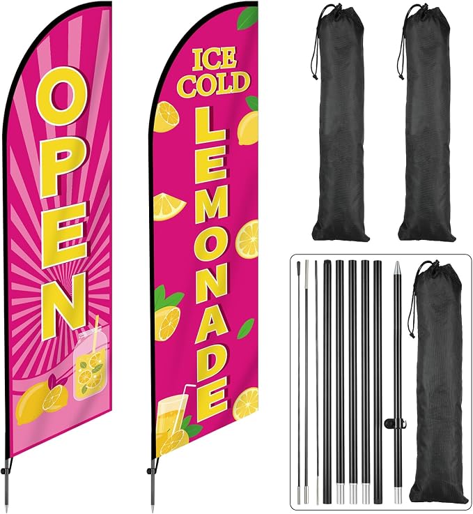 2 Sets Lemonade Feather Flag for Business Advertising 11 FT Summer Lemonade Swooper Flag Sign with Pole Ground Stake Portable Bag Windless Welcome Open Banner for Outside Garden Business Store (Pink)