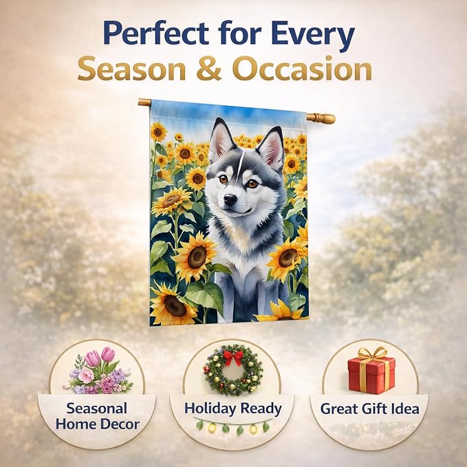 Caroline's Treasures DAC6004CHF Alaskan Klee Kai in Sunflowers House Flag Large Porch Sleeve Pole Decorative Outside Yard Banner Artwork Wall Hanging, Polyester, House Size, Multicolor