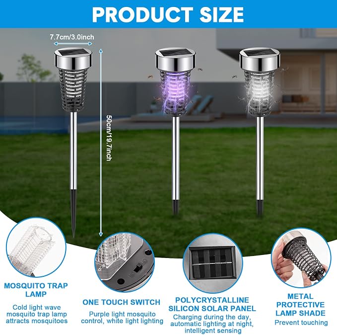 Qualirey 4 Pack Solar Bug Zapper Outdoor Waterproof Mosquito Repellent Killer Bug Zapper Lamp with LED Light for Outdoor Garden Patio Yard (Purple Light,Silver)