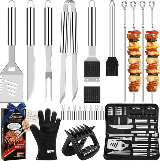 ROMANTICIST 23pcs Heavy Duty Grilling Gifts for Men Dad Fathers Day, Extra Thick BBQ Accessories Tools Set, Stainless Steel Grill Utensils Kit with Meat Claws,Canvas Bag for Outdoor Camping Silver