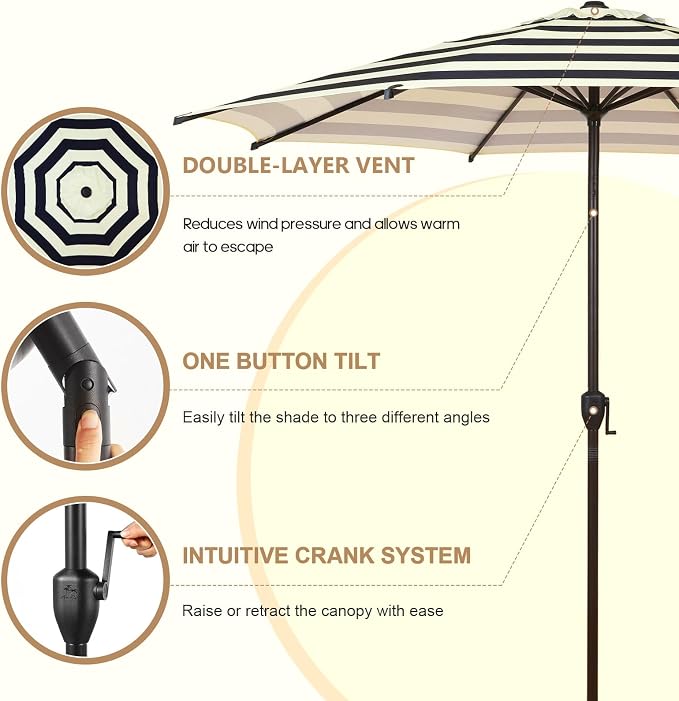 Abba Patio 9FT Lyon Outdoor Patio Umbrella Outdoor Table Umbrella with Push Button Tilt and Crank Market Umbrella 8 Sturdy Ribs UV Protection Waterproof for Garden Deck Backyard Pool, Black & Ivory