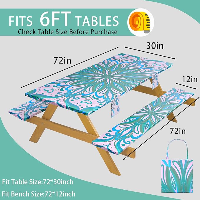 Fitted Waterproof Picnic Table Cover with Bench Covers Elastic Polyester 72in Camping Tablecloths for 6Foot Rectangle Tables Summer Fall Glamping Roadtrip Stuff Festival Vacation Items Gift