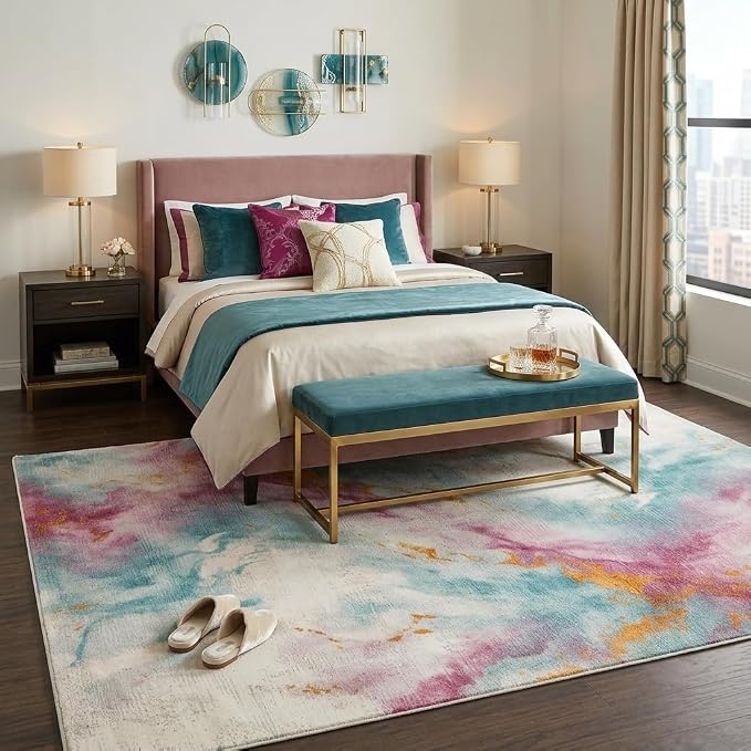5x7 Pink and Blue Modern Abstract Watercolor Area Rug | Faux cashmere low-pile, washable non-slip foldable rug for living rooms, bedrooms and dining rooms.