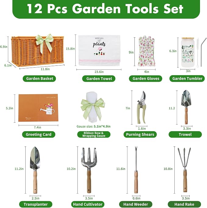 Gardening Gifts for Women 12 Pcs Garden Tools Set with Basket Heavy Duty Gardening Hand Tool with Wood Handle Gardener Lady Plant Lover Gifts Wife Mom Grandma Mothers Day Birthday