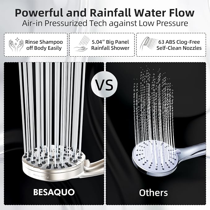 BESAQUO Shower Head, 9 Settings High Pressure shower head with handheld, Built-in Pause Mode & Power Wash, Non-Clogging Nozzles, 6ft Hose,Bracket(Satin Nickel, 9 Settings)