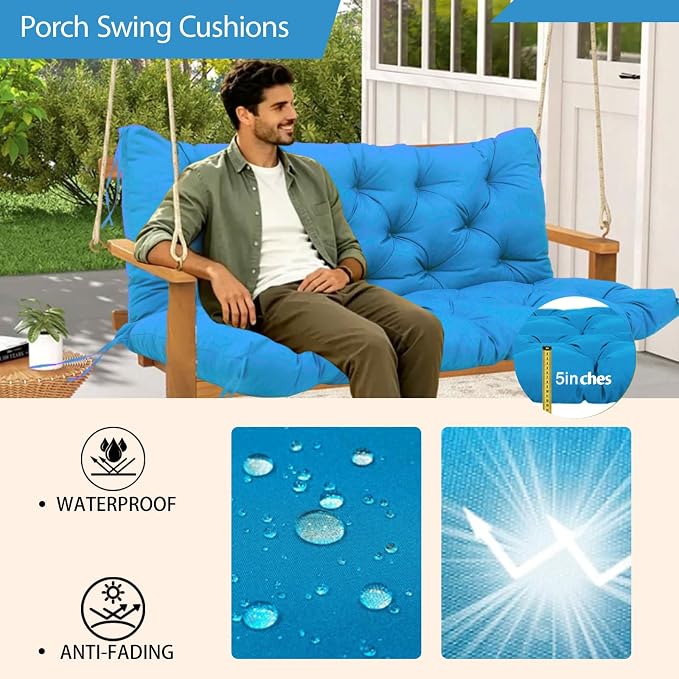 Durable Swing Cushions 60 Inch 3 Seater Waterproof Outdoor Replacement Porch Swing Cushions with Backrest Extra Thick 5" for Outdoor Patio Garden Backyard Furniture(Peacock Blue)