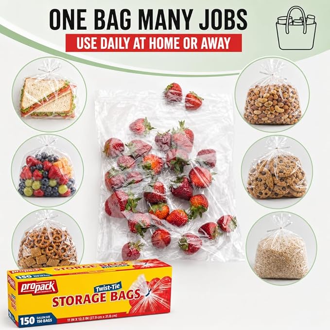 1 Gallon Storage Bags with Twist Ties, 600 Count - Clear Plastic Food Storage Bags for Sandwiches, Snacks, Fruit, Produce & Freezer