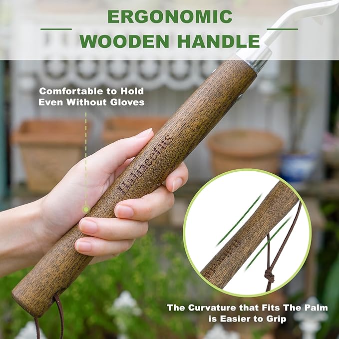 Haliaeetus Gardening Sickle Hoe, Japanese Bent Angle Weeding Sickle, Stainless Steel Weed Hoe Scraper, 13'' Gardening Hand Hoe with Ergonomic Wood Handle for Weeding, Loosening Soil and Cultivating