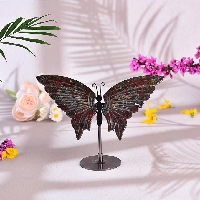 JIC Gem Dragon Blood Quartz Crystals Butterfly Art Decorative Natural Rocks Healing Crystal and Stones Carved Angel Wings with Display Decor Reiki Gifts (1pair, 10cm)