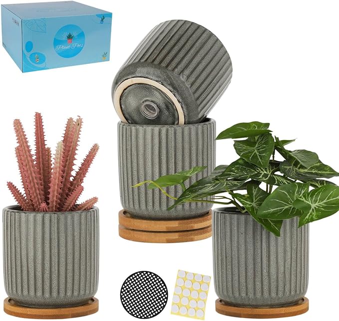 4 Inch Cylinder Ceramic Plant Pots, Green Grey, Set of 4 | Drainage Holes & Saucers, Vertical Glazed, Small Boho Planters with Trays, For Indoor Flower, Snake Plants, Succulent, Cactus