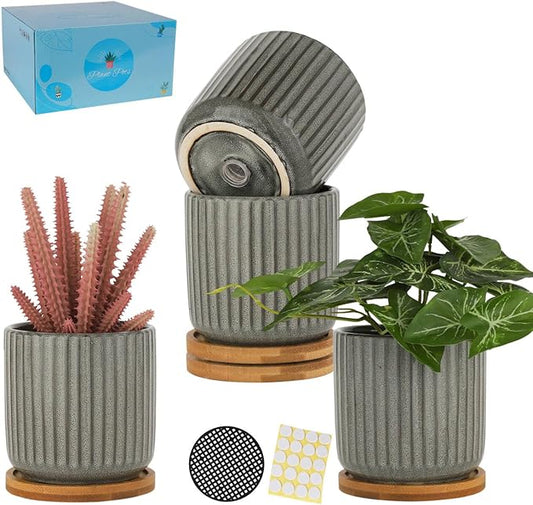4 Inch Cylinder Ceramic Plant Pots, Green Grey, Set of 4 | Drainage Holes & Saucers, Vertical Glazed, Small Boho Planters with Trays, For Indoor Flower, Snake Plants, Succulent, Cactus