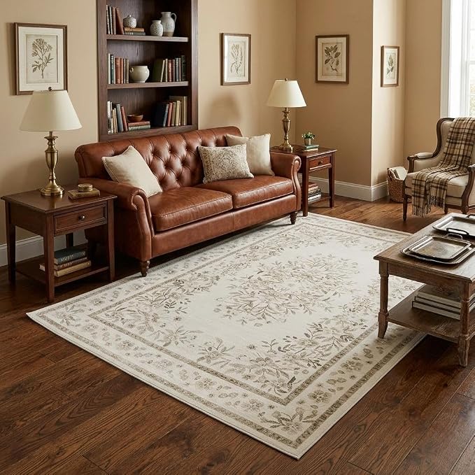 GarveeHome 5x7 Floral Rug for Dining Leaf Flower Botanical Bordered Carpets | Vintage Distressed Beige Floral Bedroom Rug Low Pile Machine Washable Non-Slip Area Rug for Guest Room Living Room