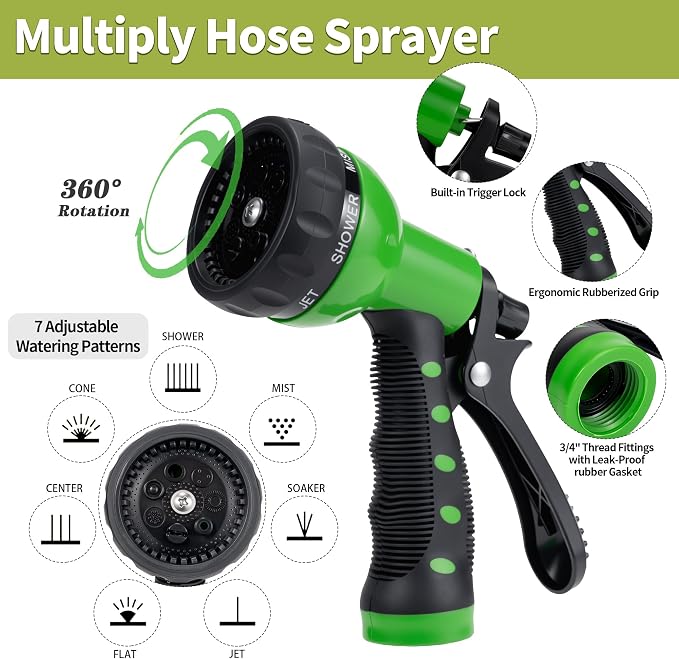 DAVCO Garden Hose 100FT x 5/8" ID with 7 Function Nozzle - Flexible Hybrid Rubber, Kink-Free & Burst Resistant, Drinking Water Safe with 3/4" GHT Solid Brass Fittings for Gardening, Car Wash and RV