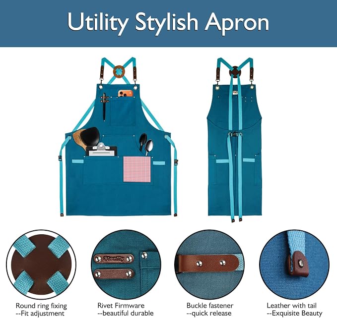 5 Pack Kitchen Apron, Work Apron, Canvas Apron, Blue | Multiple Pockets, Gardening, Painting, BBQ, Artist, Carpenter, Sizes M to XXL