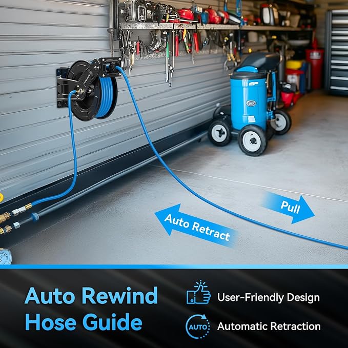 Relhost Retractable Air Hose Reel, 65 ft x 3/8 in Hybrid Air Hose Max 300PSI, Heavy Duty Air Compressor Hose Reel with Dual Arms, Auto Rewind, 180° Swivel Ceiling/Wall Mount for Garages, Workshops
