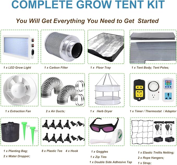 Grow Tent Kit, Complete 4x2 ft High Reflective Mylar Hydroponics Indoor Plant Growing Tent with LED Grow Light Ventilaion Fan Growing System+Accesseries (48" x 24" x 80" - Gray)