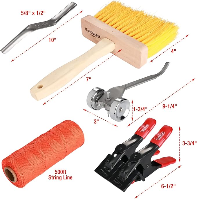 Goldblatt 12PC Masonry Hand Tool Set Organized in Tool Bag - Philadelphia/Pointing/Margin/Tuck Pointing Trowel, Skate Wheel Joint Raker, Convex Brick Jointer, String Line & Jag-clamp, Masonry Brush