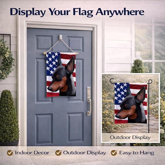 Caroline's Treasures CK6618GF Miniature Pinscher Dog American Flag Garden Flag Mailbox Flag Decorative Yard Flag Banner Outside Patio Artwork Yard Flower Beds, Garden Size, Multicolor