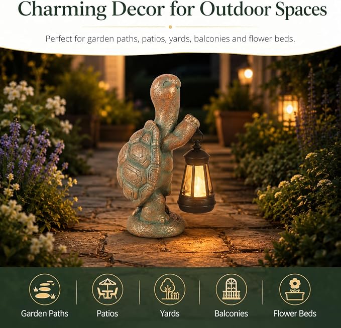 Turtle Solar Powered Outdoor Garden Statue, Resin Statue with Solar Light Lantern, Decorative Lawn, Yard Outdoor Turtle Decoration. Unique Home Decoration, Gifts for Women