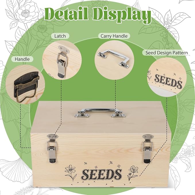13.1”×7.7”×6” Wood Seed Storage Box 60pcs Seed Envelopes Fluorescent Index Tabs Seed Saving Organizer Box with Removable Dividers Safety Lock Side Handles Top Handle Gifts for Gardener Friends