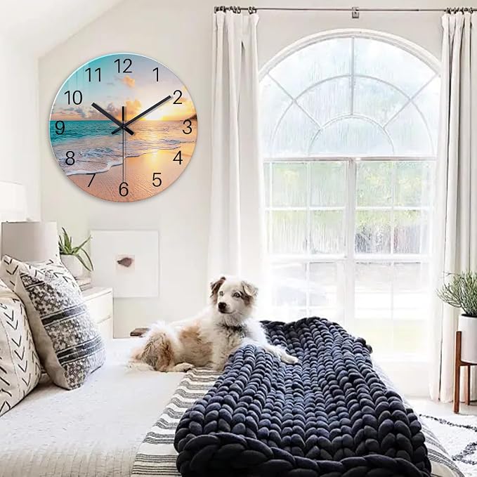 Round Extra Large Glass Wall Clock 24 Inch | Modern Beach Wall Clocks Battery Operated Silent Wall Clock for Living Room Bedroom Office Decor