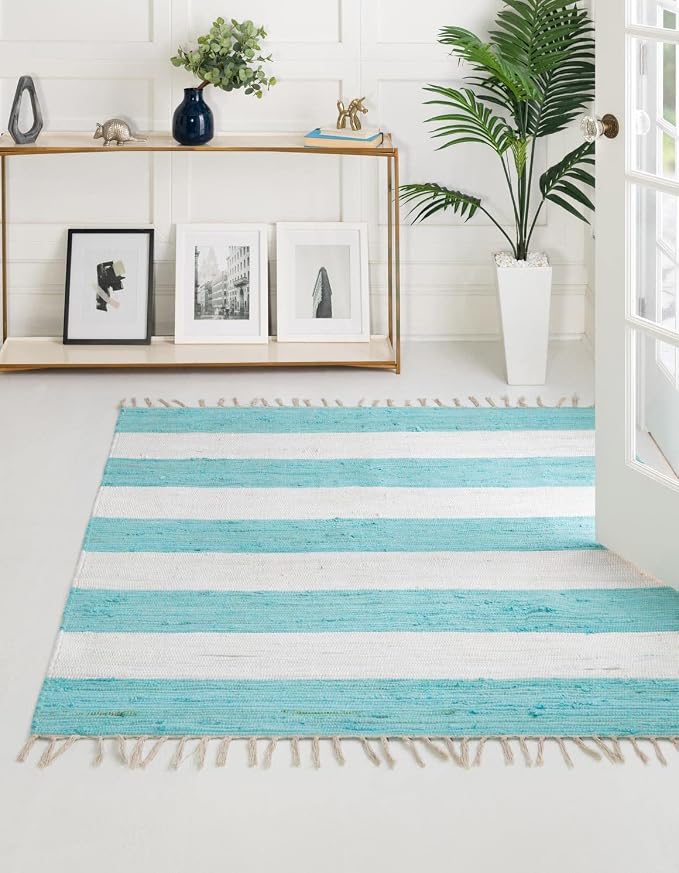 Unique Loom Chindi Rag Collection Area Rug - Striped (7' 10" Square, Turquoise and Ivory)