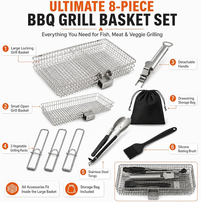 8-Piece BBQ Grill Basket Set - Stainless Steel Vegetable Grilling Basket with Detachable Handle & Lid, Portable Fish Grilling Basket & Meat Roaster, Grilling Gifts for Men Dad