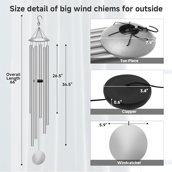 66" Extra Large Wind Chimes for Outside Deep Tone, 6 Thick and Bold Aluminum Tubes Tuned Relaxing Melody Wind Chime, Big Wind Chimes for Garden Patio Decor, Great Gift Idea for Mother's Day (Silver)