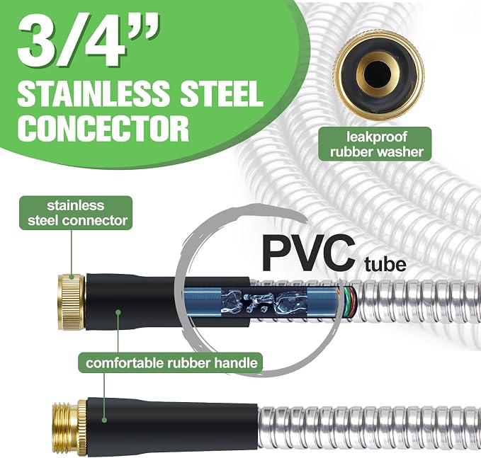 TVKB Metal Garden Hose 150ft Stainless Steel Water Hose Super Tough Flexible Water Pipe with 3/4 inch Brass Fittings and Sprayer Nozzle, Kink & Tangle Free, Rust Proof