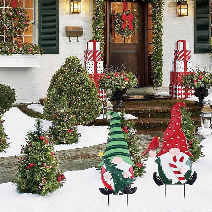 Outdoor Christmas Decorations, 2 Pack Gnomes Decorative Garden Stakes for Christmas Decor, Metal Yard Signs Xmas Decorations for Outside Garden Yard Lawn Porch Holiday Party