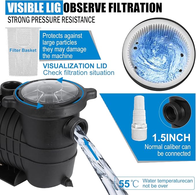 TOPDEEP 1.5 HP Pool Pump Inground, Self Primming pool pump above ground, Single Speed Swimming pool pumps Dual voltage with Strainer Basket & 2Pcs 1-1/2NPT Connectors
