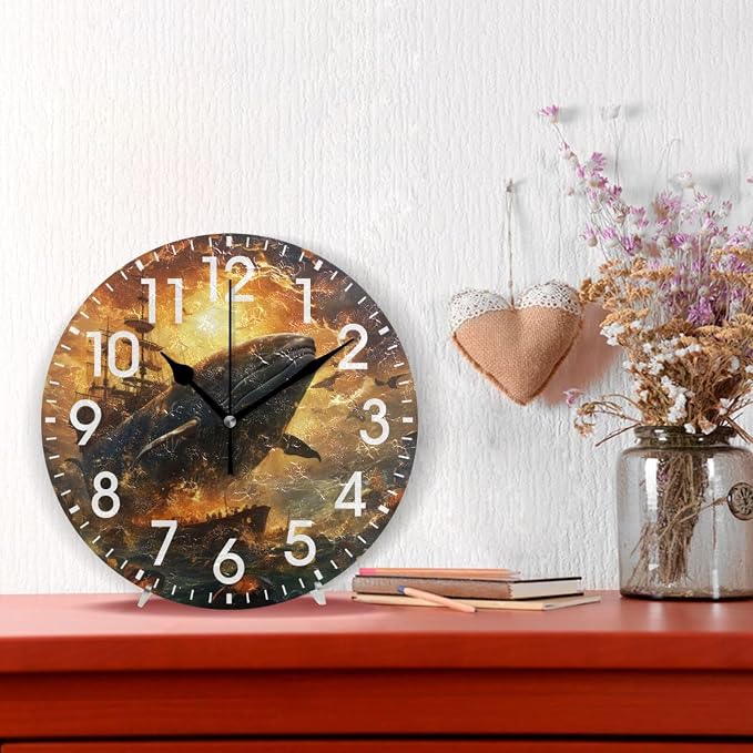 ALAZA Home Decor Whale Sunset Ship Round Acrylic 9.84 Inch Wall Clock Non Ticking Silent Clock Art for Living Room Kitchen Bedroom