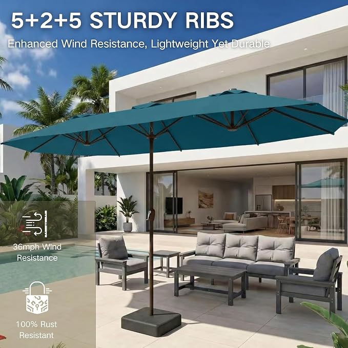 Kingdura 15ft Large Patio Umbrella with Base Included, Double-Sided Rectangle Outdoor Table Umbrella with 12 Reinforced Ribs, Crank Lift for Market Pool Deck Backyard, Lake blue
