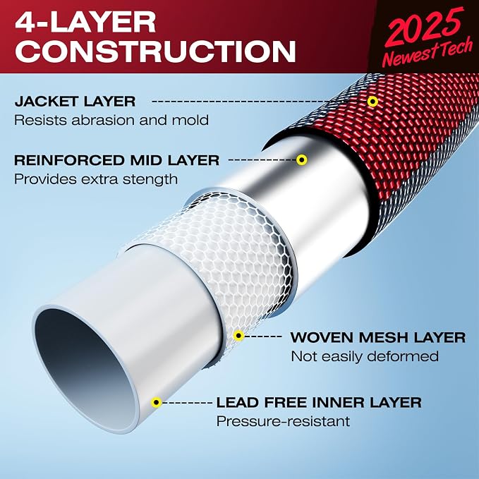 2026 Upgraded Non-Expanding Garden Hose - 25FT Lightweight Flexible, High-Pressure Anti-Kink/Burst-Resistant Lead-Free Outdoor Water Hose (Gray/Red)