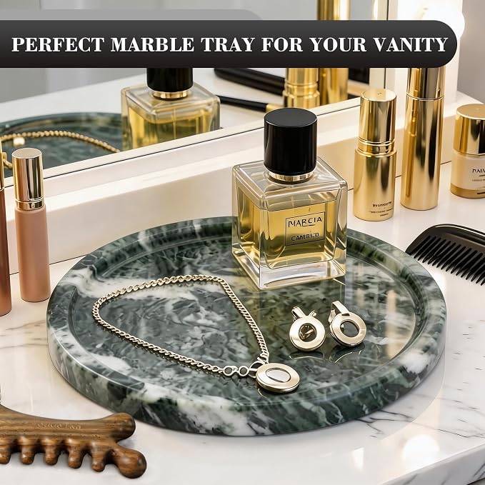 Natural Round Marble Tray - 7.8" Marble Vanity Tray for Dresser, Bathroom, Decorative Jewelry Dish for Perfumes Rings Earrings Necklaces, Stone Tray for Home Décor, Green
